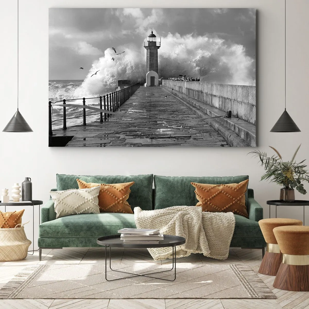 Impression sur toile - Image sur toile - Un phare entouré de vagues pendant une tempête - 120x80cm - Sans peur - Décoration murale moderne pour le salon et la chambre ARTTOR