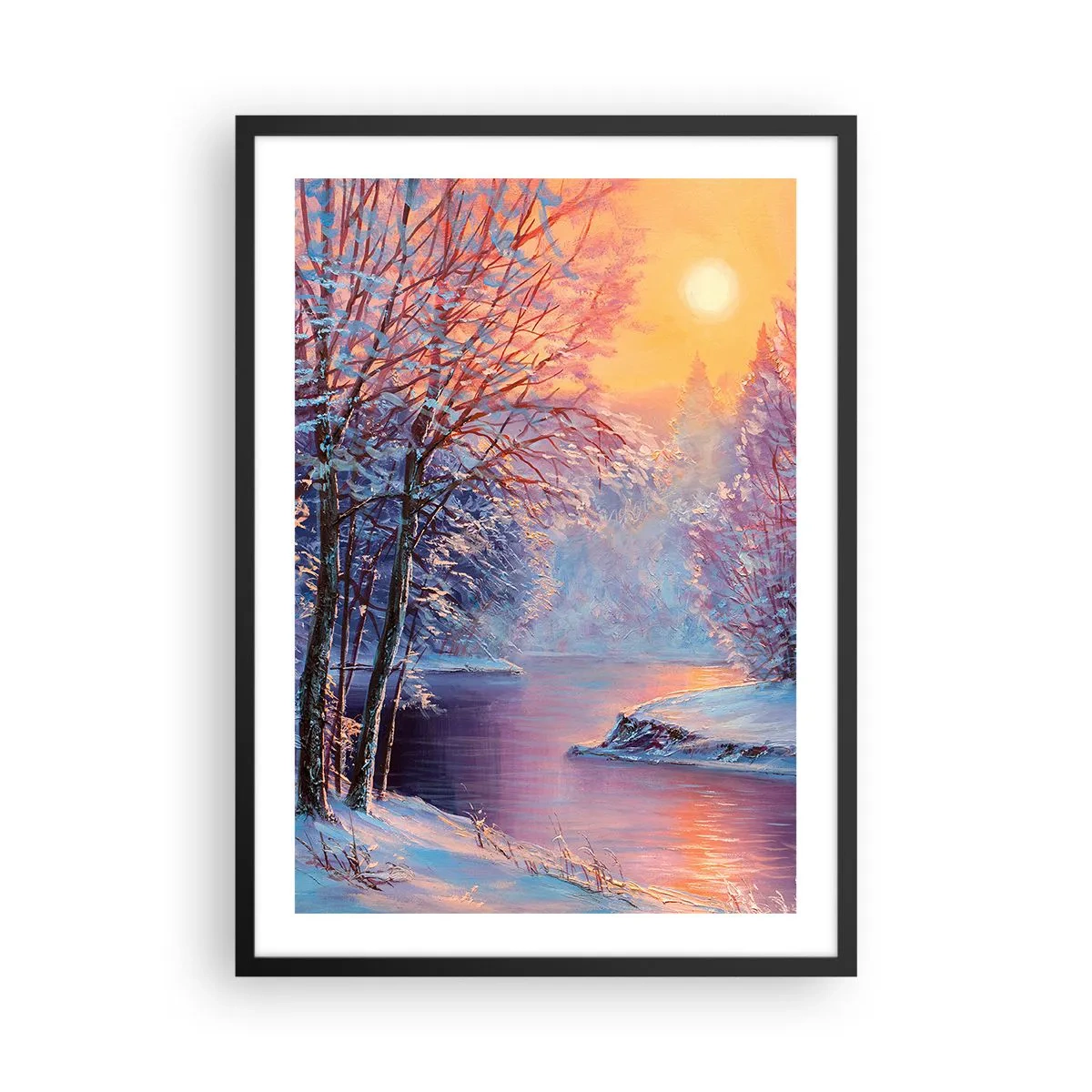 Affiche dans un cadre noir - Poster - Paysage d'hiver avec une rivière dans la lueur du soleil couchant - 50x70cm - Couleurs d'hiver - Décoration murale moderne pour le salon et la chambre ARTTOR