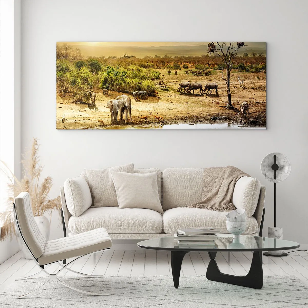 Impression sur verre - Image sur verre - Éléphants et animaux sauvages à un point d'eau au coucher du soleil - 120x50cm - "Et d'Eden coulait une rivière..." - Décoration murale moderne pour le salon et la chambre ARTTOR