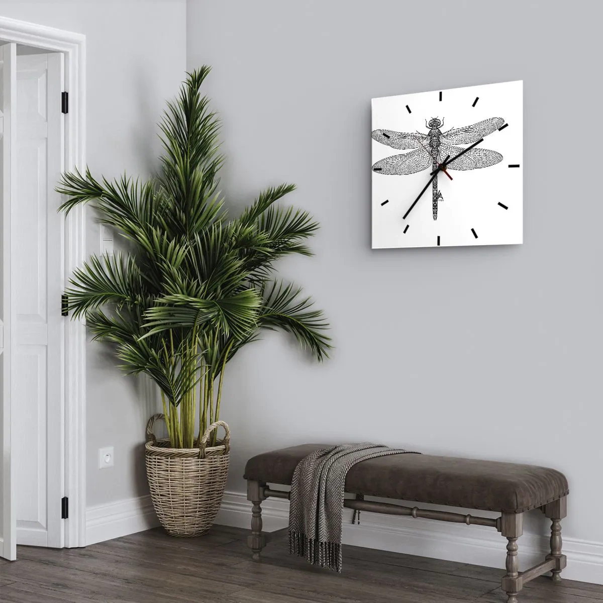 Horloge murale - Pendule murale - Dessin noir et blanc d'une libellule sur fond blanc dans un style minimaliste - 30x30cm - Précision de la nature - Décoration murale moderne pour le salon et la chambre ARTTOR