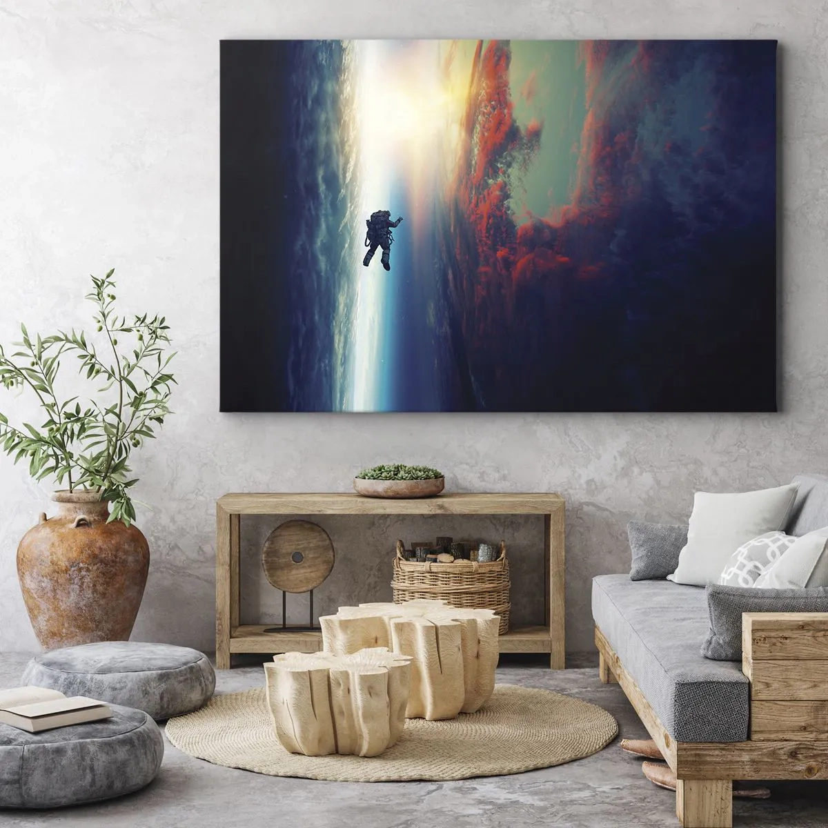 Impression sur toile - Image sur toile - Un astronaute flottant dans l'espace au-dessus d'une Terre colorée - 70x50cm - Affronter l'univers - Décoration murale moderne pour le salon et la chambre ARTTOR