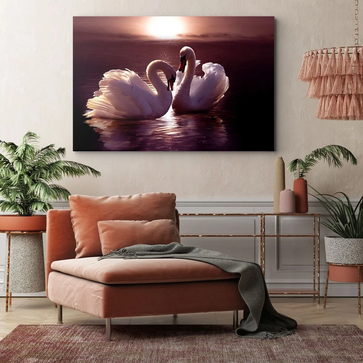 Impression sur toile - Image sur toile - Deux cygnes sur un lac calme au coucher du soleil - 120x80cm - Jusqu'à ce que la mort nous sépare - Décoration murale moderne pour le salon et la chambre ARTTOR