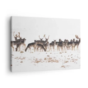Impression sur toile - Image sur toile - Un troupeau de cerfs sur fond de neige - 70x50cm - Les fêtes approchent ? - Décoration murale moderne pour le salon et la chambre ARTTOR