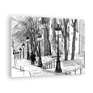 Impression sur verre - Image sur verre - Dessin en noir et blanc d'une rue de la ville avec des lanternes - 70x50cm - Une histoire d'amour ou une histoire d'horreur ? - Décoration murale moderne pour le salon et la chambre ARTTOR