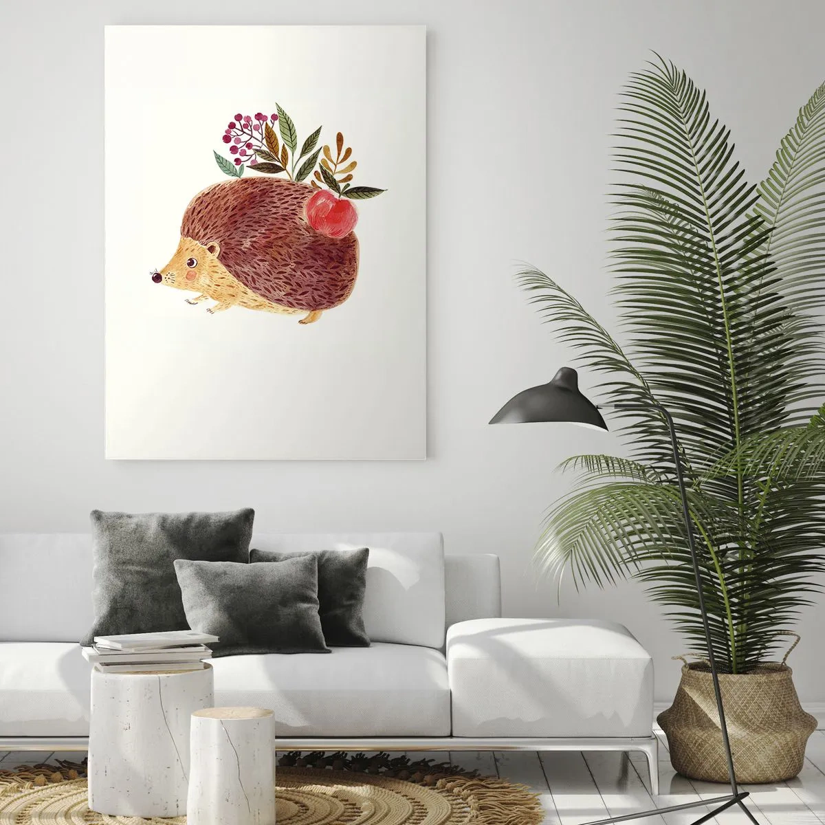 Impression sur verre - Image sur verre - Un hérisson mignon avec une pomme et des plantes dans un style illustratif - 70x100cm - Et tu m’apprécies déjà - Décoration murale moderne pour le salon et la chambre ARTTOR