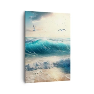 Impression sur toile - Image sur toile - Vagues de la mer sur la plage sous un ciel bleu avec des mouettes - 50x70cm - Ça bourdonne seulement pour toi - Décoration murale moderne pour le salon et la chambre ARTTOR