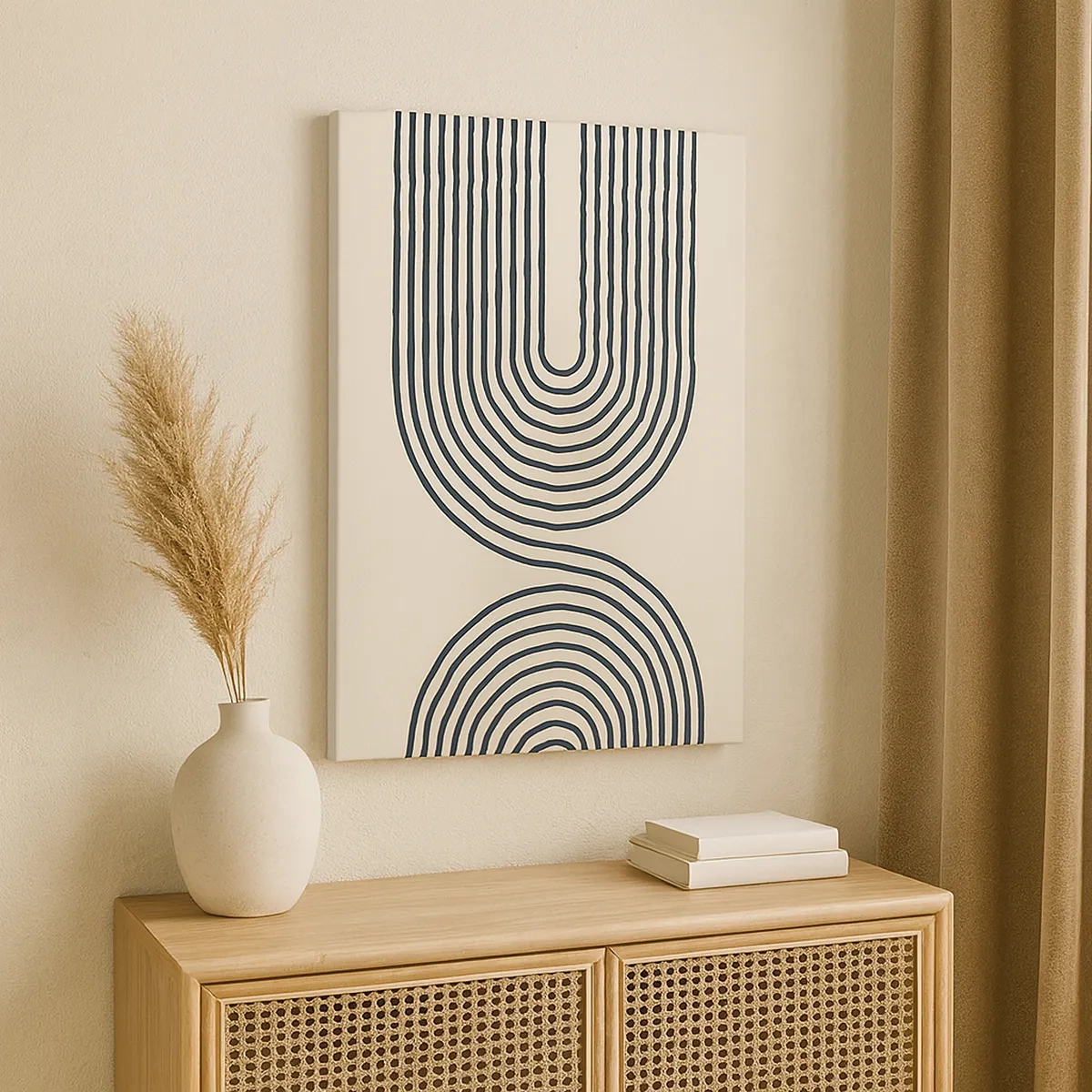Impression sur toile - Image sur toile - Motif géométrique abstrait avec des lignes symétriques sur un fond clair - 50x70cm - Dans un instant... - Décoration murale moderne pour le salon et la chambre ARTTOR