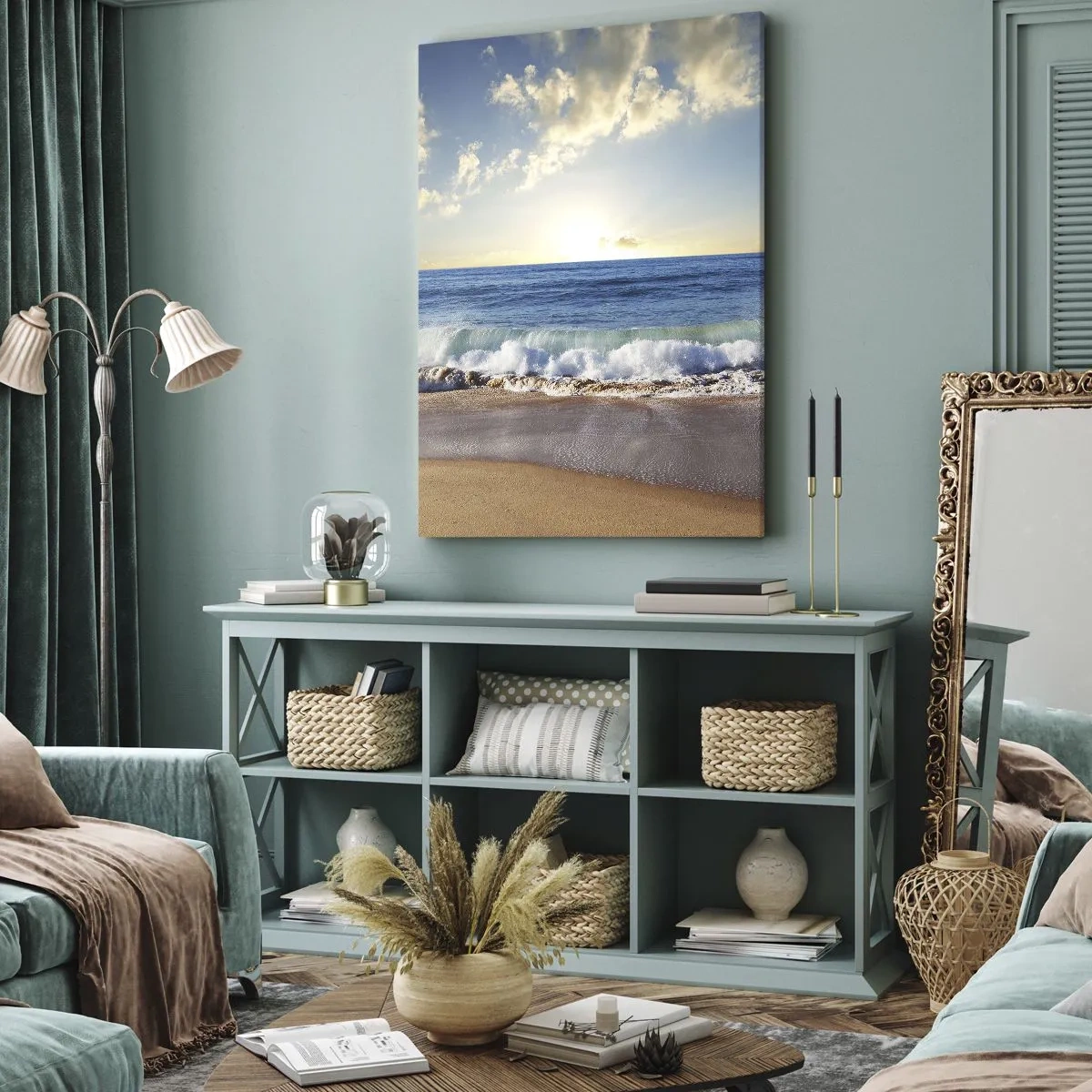 Impression sur toile - Image sur toile - Une plage ensoleillée avec des vagues s'écrasant sur le rivage - 50x70cm - Mouvement et immobilité à la fois - Décoration murale moderne pour le salon et la chambre ARTTOR
