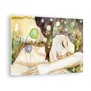 Impression sur verre - Image sur verre - Une femme endormie dans une aquarelle artistique aux couleurs chaudes. - 70x50cm - Un rêve violet émeraude - Décoration murale moderne pour le salon et la chambre ARTTOR
