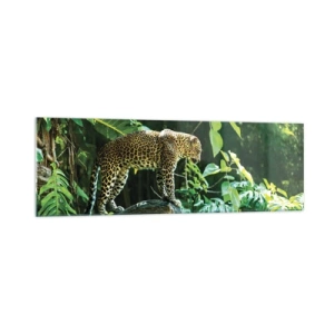 Impression sur verre - Image sur verre - Un léopard debout sur un rocher entouré de végétation tropicale - 160x50cm - À la chasse? - Décoration murale moderne pour le salon et la chambre ARTTOR