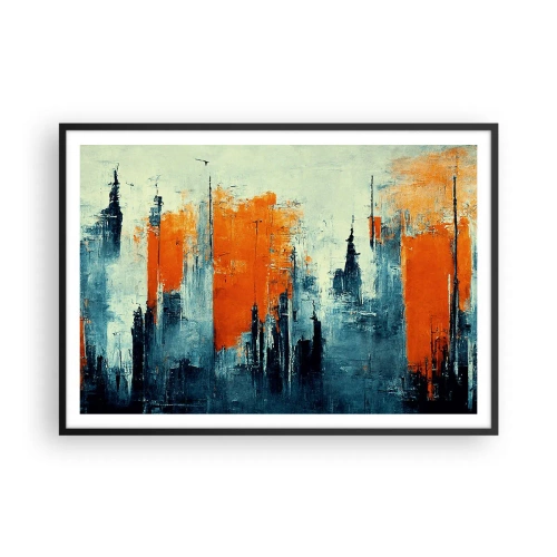 Affiche dans un cadre noir - Poster - Paysage urbain abstrait dans des tons orange et bleu - 100x70cm - Paysage moderne - Décoration murale moderne pour le salon et la chambre ARTTOR
