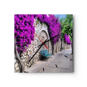 Horloge murale - Pendule murale - Un chemin de pierre avec un banc et des fleurs violettes en fleurs - 30x30cm - Rencontrons-nous au plus vite - Décoration murale moderne pour le salon et la chambre ARTTOR