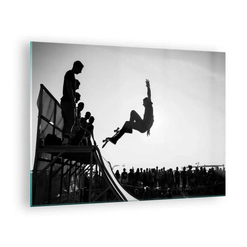 Impression sur verre - Image sur verre - Patineur noir et blanc dans les airs - 70x50cm - Héros et spectateurs - Décoration murale moderne pour le salon et la chambre ARTTOR