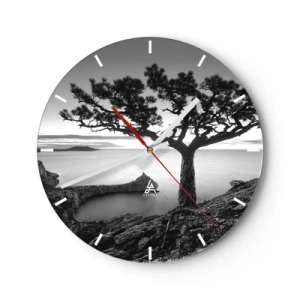 Horloge murale - Pendule murale - Un arbre sur une falaise surplombant la mer en noir et blanc - 30x30cm - Paix jusqu'à l'horizon - Décoration murale moderne pour le salon, la cuisine et la chambre ARTTOR
