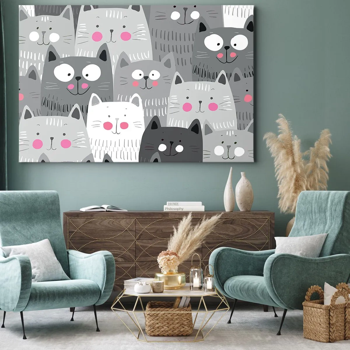 Impression sur toile - Image sur toile - Un motif amusant avec des chats dans des tons de gris - 70x50cm - Le monde des chats - Décoration murale moderne pour le salon et la chambre ARTTOR