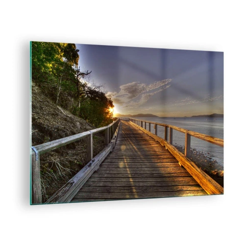 Impression sur verre - Image sur verre - Passerelle en bois au coucher du soleil - 70x50cm - Aller, aller tout le temps en direction du soleil - Décoration murale moderne pour le salon et la chambre ARTTOR