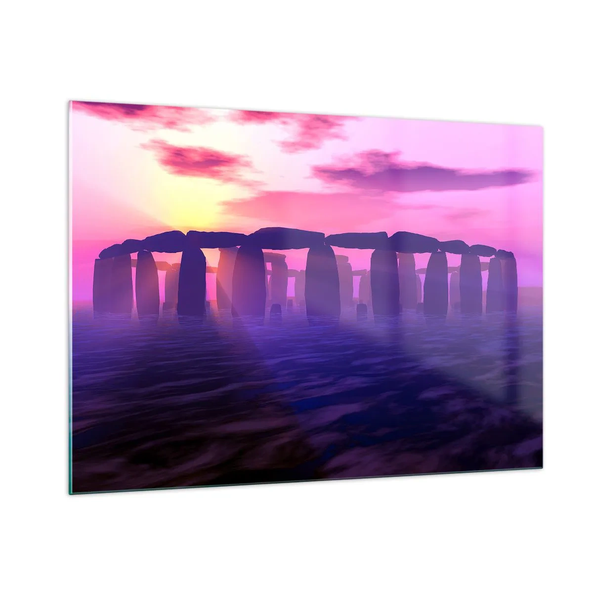 Impression sur verre - Image sur verre - Stonehenge à la lumière d'un coucher de soleil rose - 100x70cm - Mystère à l'aube dans le brouillard - Décoration murale moderne pour le salon et la chambre ARTTOR
