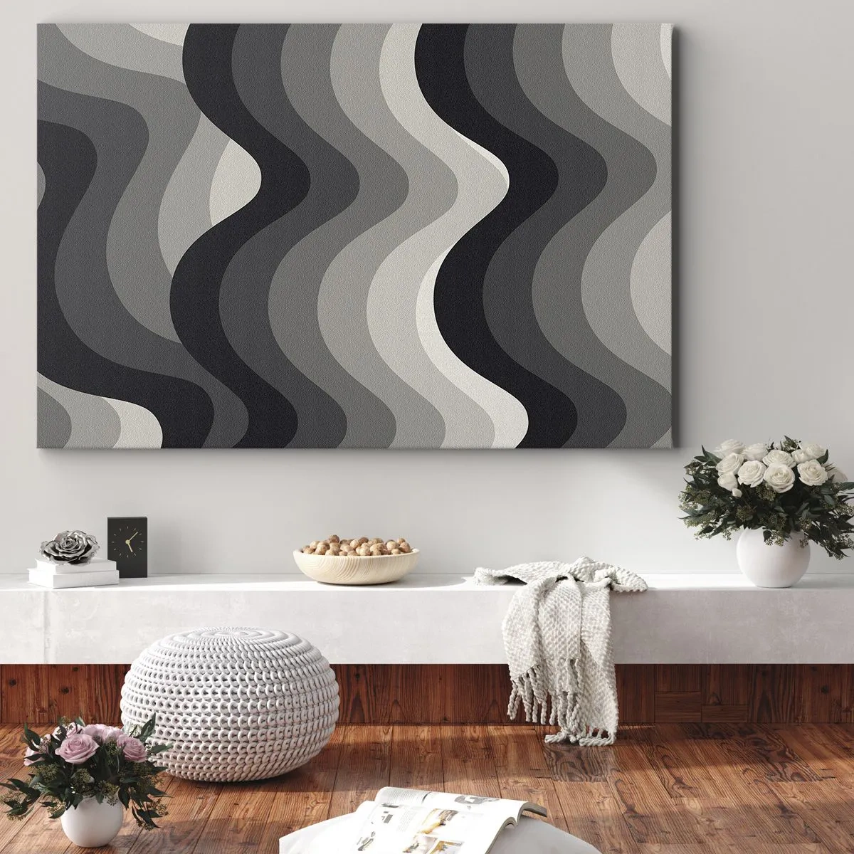 Impression sur toile - Image sur toile - Motifs ondulés noirs et blancs dans des tons de gris - 70x50cm - Vague après vague - Décoration murale moderne pour le salon et la chambre ARTTOR