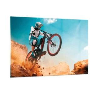 Impression sur verre - Image sur verre - Scène dynamique d'un cycliste en action sur un terrain rocheux - 120x80cm - Démon de la folie du vélo - Décoration murale moderne pour le salon et la chambre ARTTOR