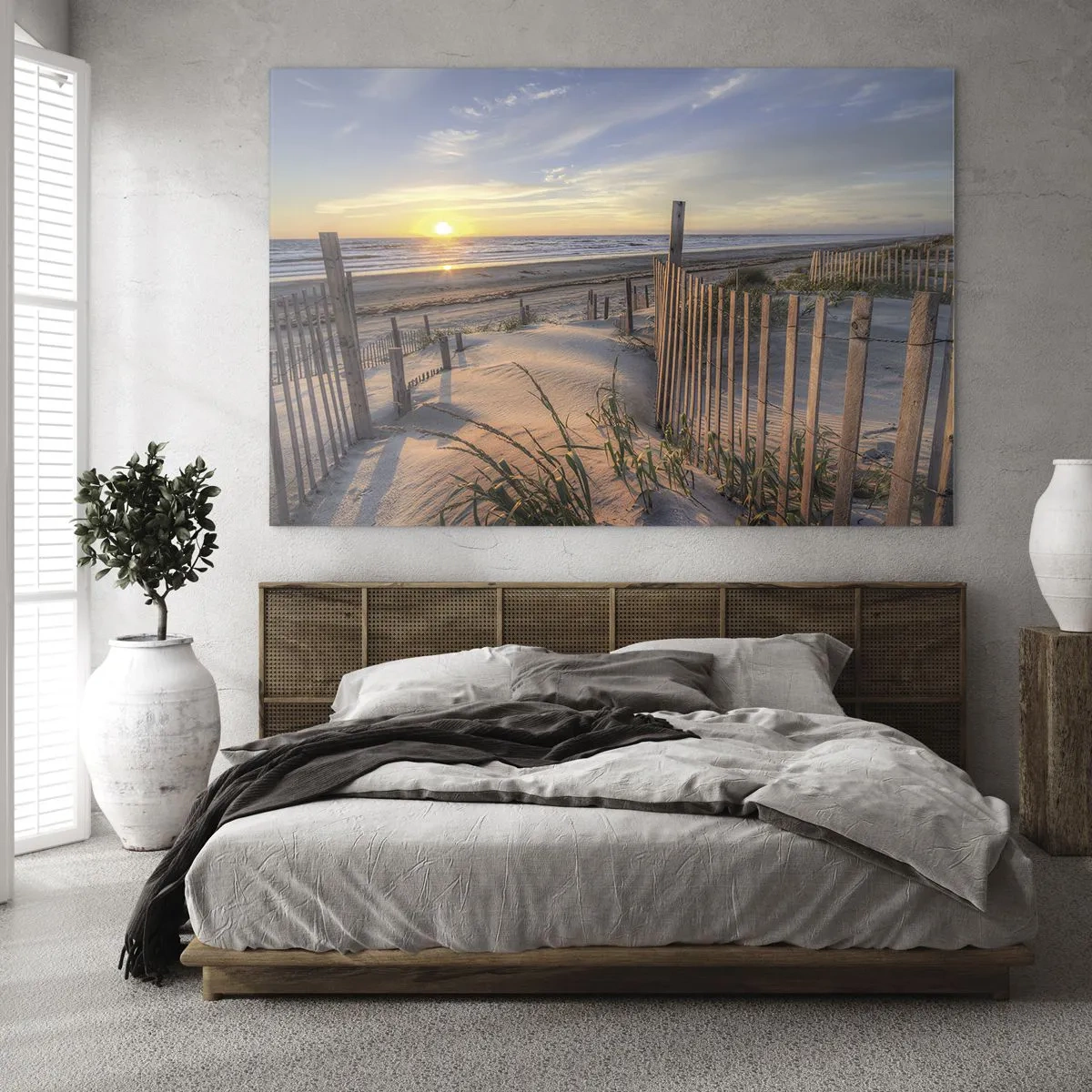 Impression sur verre - Image sur verre - Plage avec dunes au coucher du soleil - 100x70cm - Ombre et brillance du vent - Décoration murale moderne pour le salon et la chambre ARTTOR