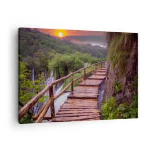 Impression sur toile - Image sur toile - Un pont surplombant les cascades au coucher du soleil - 70x50cm - La beauté au-delà de la croyance - Décoration murale moderne pour le salon et la chambre ARTTOR