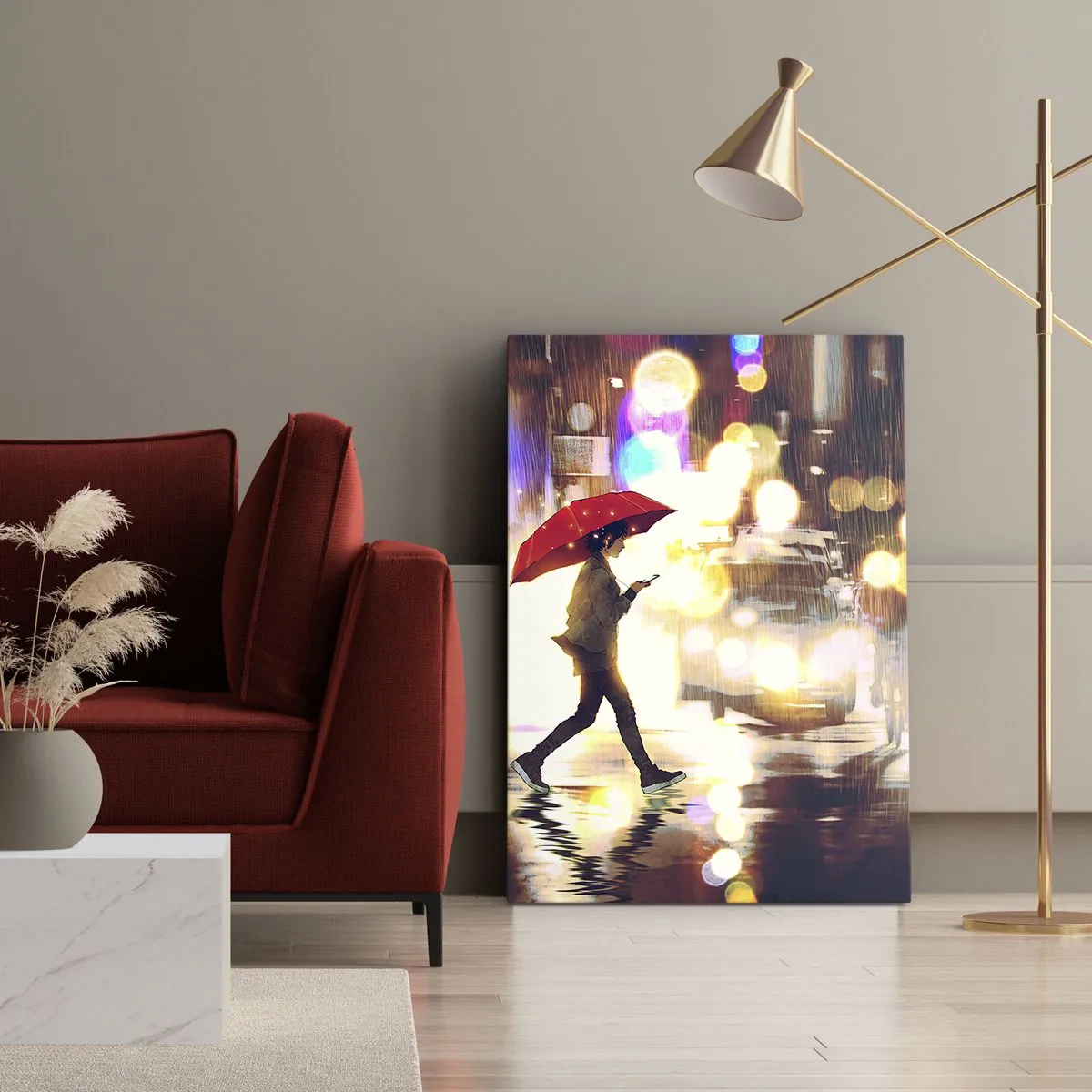 Impression sur toile - Image sur toile - Une silhouette avec un parapluie rouge dans la rue sous la pluie - 80x120cm - Et pourtant ensoleillé - Décoration murale moderne pour le salon et la chambre ARTTOR