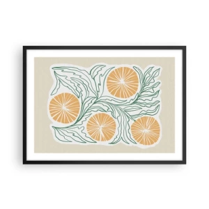 Affiche dans un cadre noir - Poster - Un motif orange minimaliste avec des feuilles vertes - 70x50cm - Ethnique avec une pointe d'abstraction - Décoration murale moderne pour le salon et la chambre ARTTOR