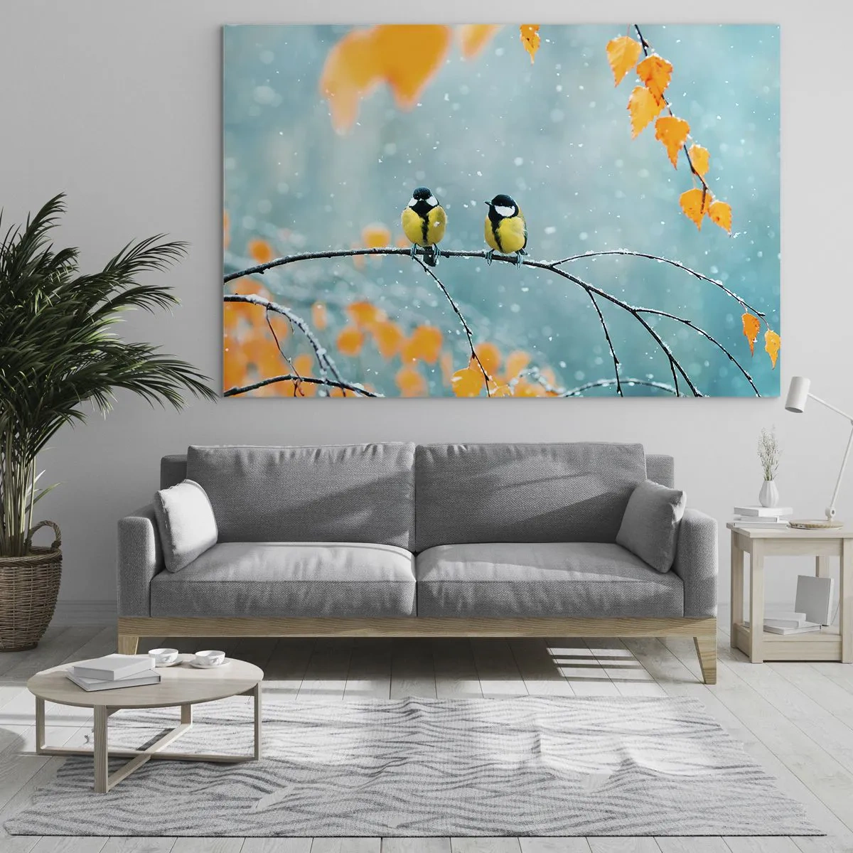 Impression sur verre - Image sur verre - Deux mésanges assises sur une brindille parmi les feuilles qui tombent - 120x80cm - Potins d'oiseaux - Décoration murale moderne pour le salon et la chambre ARTTOR