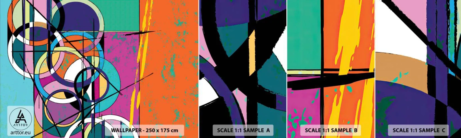 Échantillon de Papier Peint Autocollant Deluxe Sticker - Roues sur roues - Abstraction, Morceau, Graphique - 100x30 cm