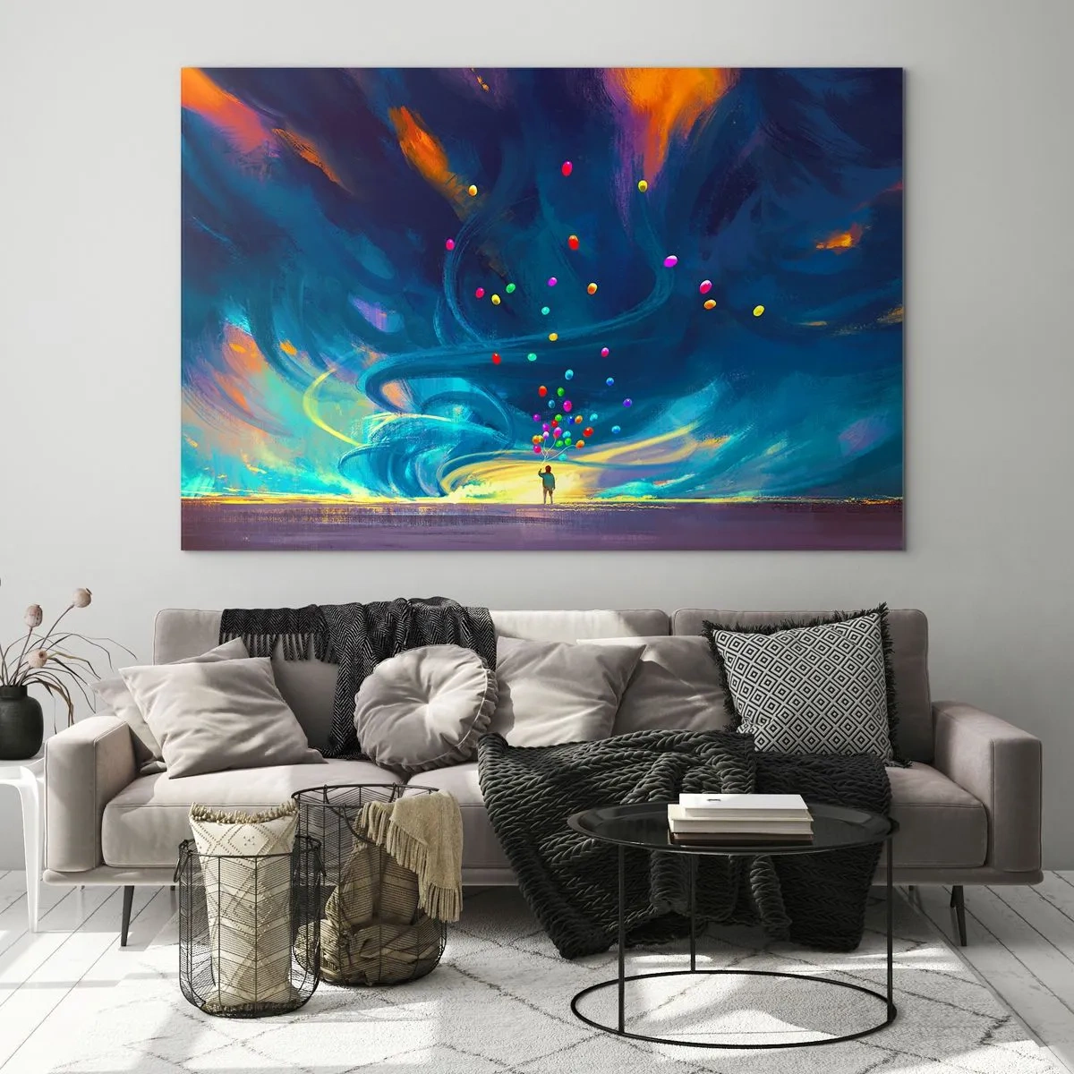 Impression sur verre - Image sur verre - Une personne tenant des ballons colorés sur un fond de vent bleu. - 70x50cm - Au vent bleu ciel - Décoration murale moderne pour le salon et la chambre ARTTOR