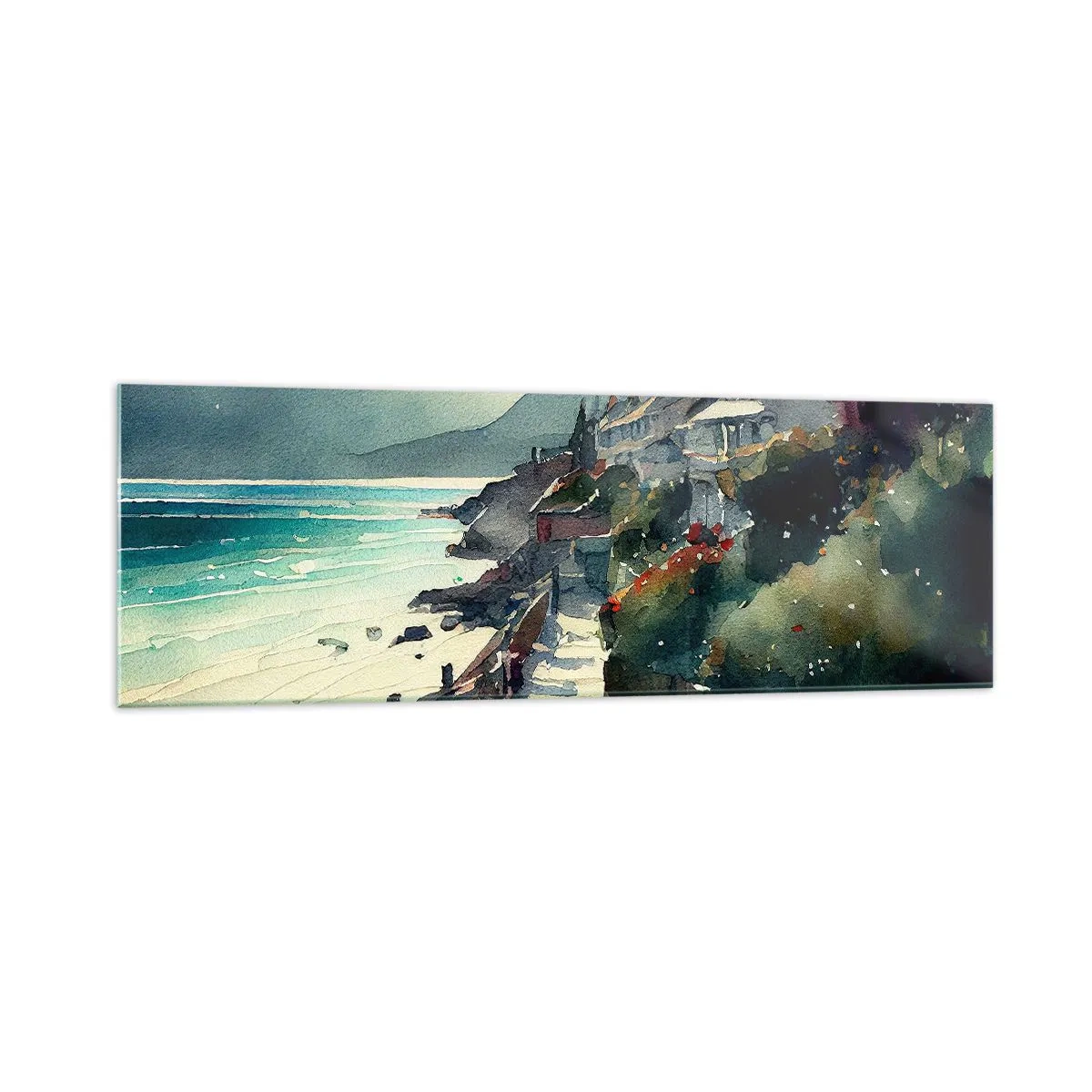 Impression sur verre - Image sur verre - Promenade en bord de mer avec maisons et végétation - 160x50cm - Ville méditerranéenne - Décoration murale moderne pour le salon et la chambre ARTTOR