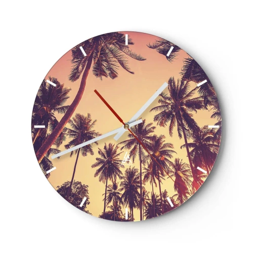 Horloge murale - Pendule murale - Palmiers au coucher du soleil dans des tons chauds d'orange - 30x30cm - Variation tropicale - Décoration murale moderne pour le salon, la cuisine et la chambre ARTTOR