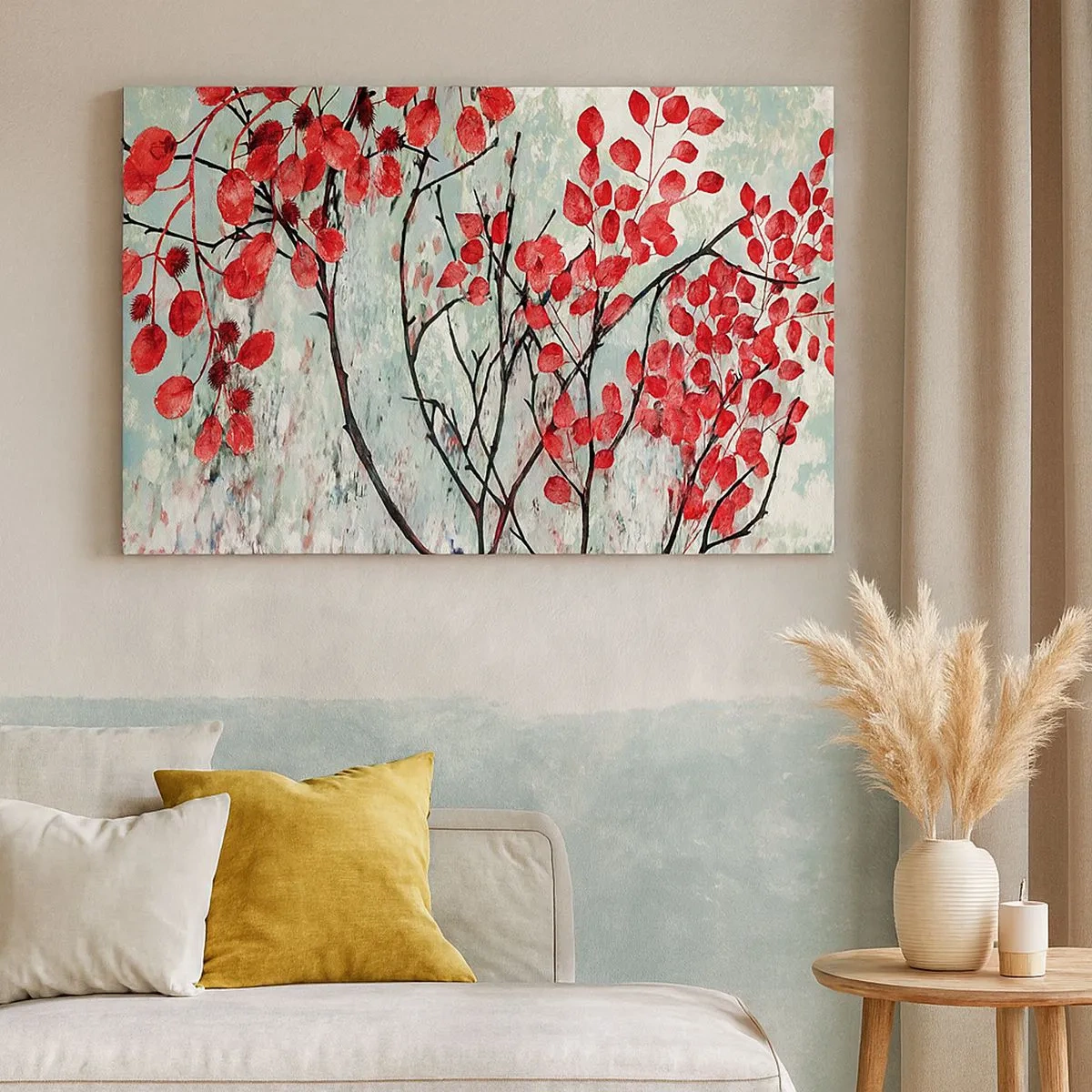 Impression sur toile - Image sur toile - Feuilles rouges sur un ciel lumineux avec des motifs abstraits - 70x50cm - Arbre en écarlate - Décoration murale moderne pour le salon et la chambre ARTTOR
