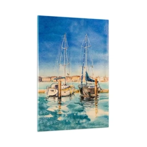 Impression sur verre - Image sur verre - Marina avec bateaux sur fond de lagon bleu - 80x120cm - Lagune ensoleillée - Décoration murale moderne pour le salon et la chambre ARTTOR