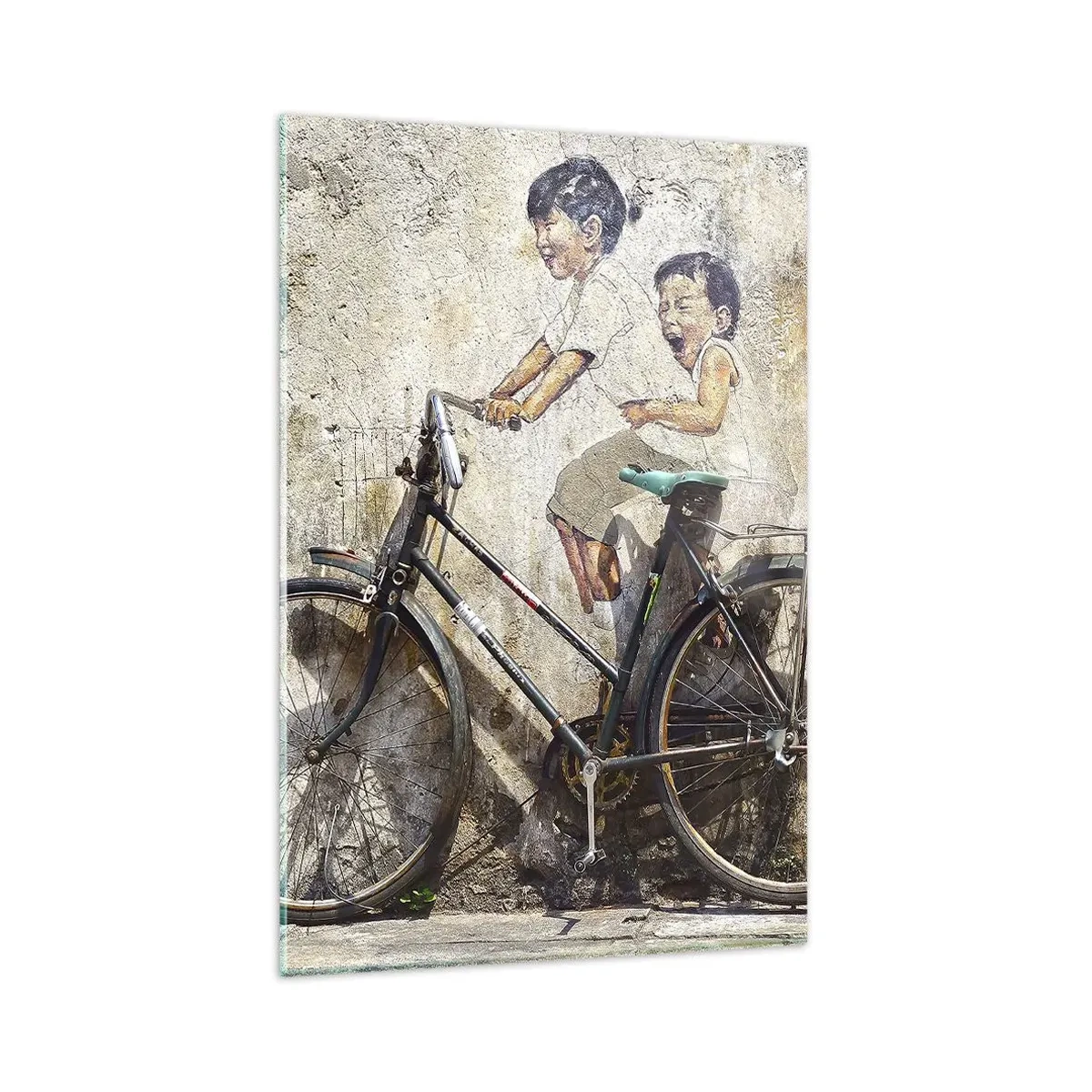 Impression sur verre - Image sur verre - Street art avec un vélo et des dessins d'enfants sur le mur - 80x120cm - Vrai ou faux? - Décoration murale moderne pour le salon et la chambre ARTTOR