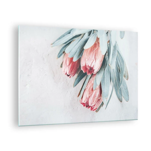 Impression sur verre - Image sur verre - Trois fleurs de protéa pastel avec des feuilles sur un fond clair - 70x50cm - Honte de leur propre beauté - Décoration murale moderne pour le salon et la chambre ARTTOR
