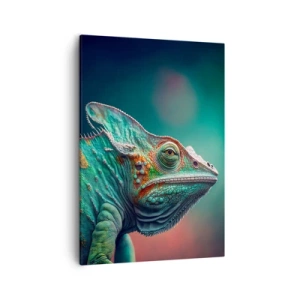 Impression sur toile - Image sur toile - Gros plan d'un caméléon aux couleurs intenses - 50x70cm - Vous me voyez? Pas bien… - Décoration murale moderne pour le salon et la chambre ARTTOR