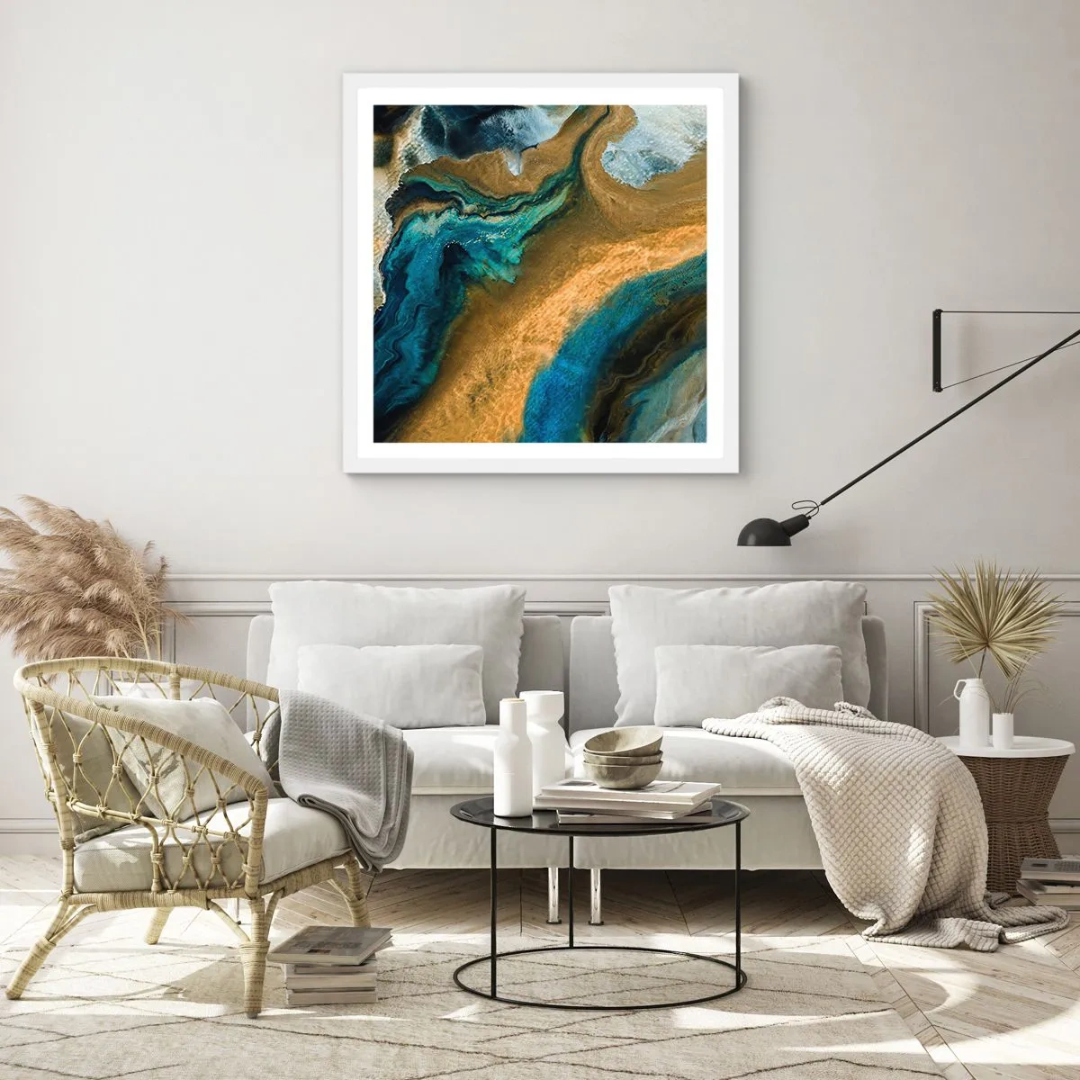 Affiche dans un cadre blanc - Poster - Bleu - jaune - influences mutuelles - 60x60 cm