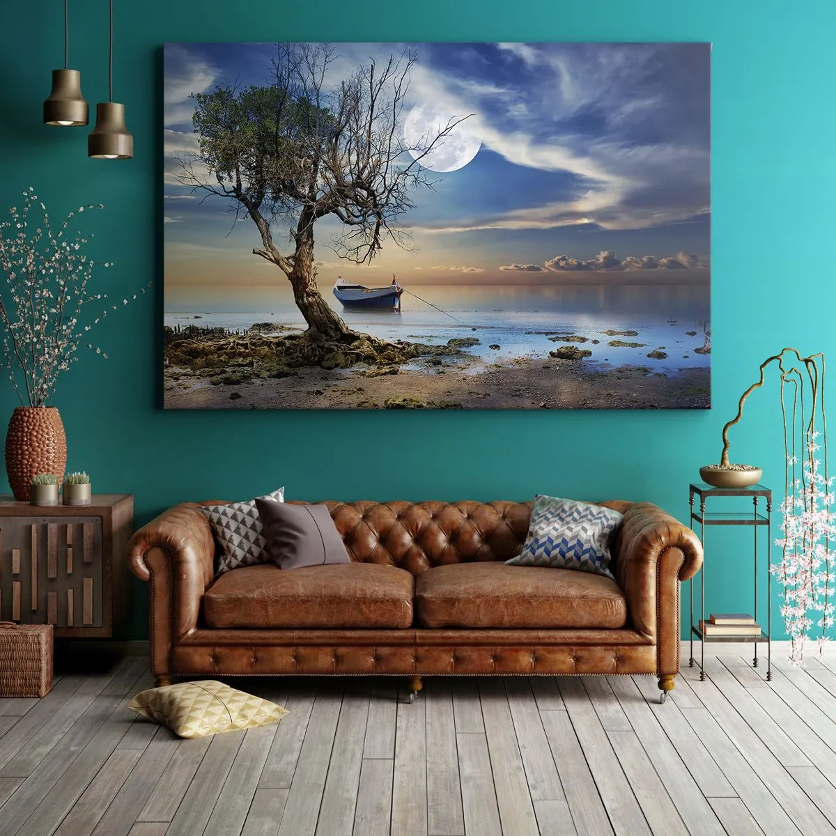 Impression sur toile - Image sur toile - Un arbre solitaire et un bateau sur une eau calme sous la pleine lune. - 70x50cm - Est-ce la fin ou le début ? - Décoration murale moderne pour le salon et la chambre ARTTOR