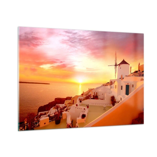Impression sur verre - Image sur verre - Coucher de soleil sur Santorin avec des bâtiments blancs et un moulin à vent - 100x70cm - Fondre en blanc et or - Décoration murale moderne pour le salon et la chambre ARTTOR