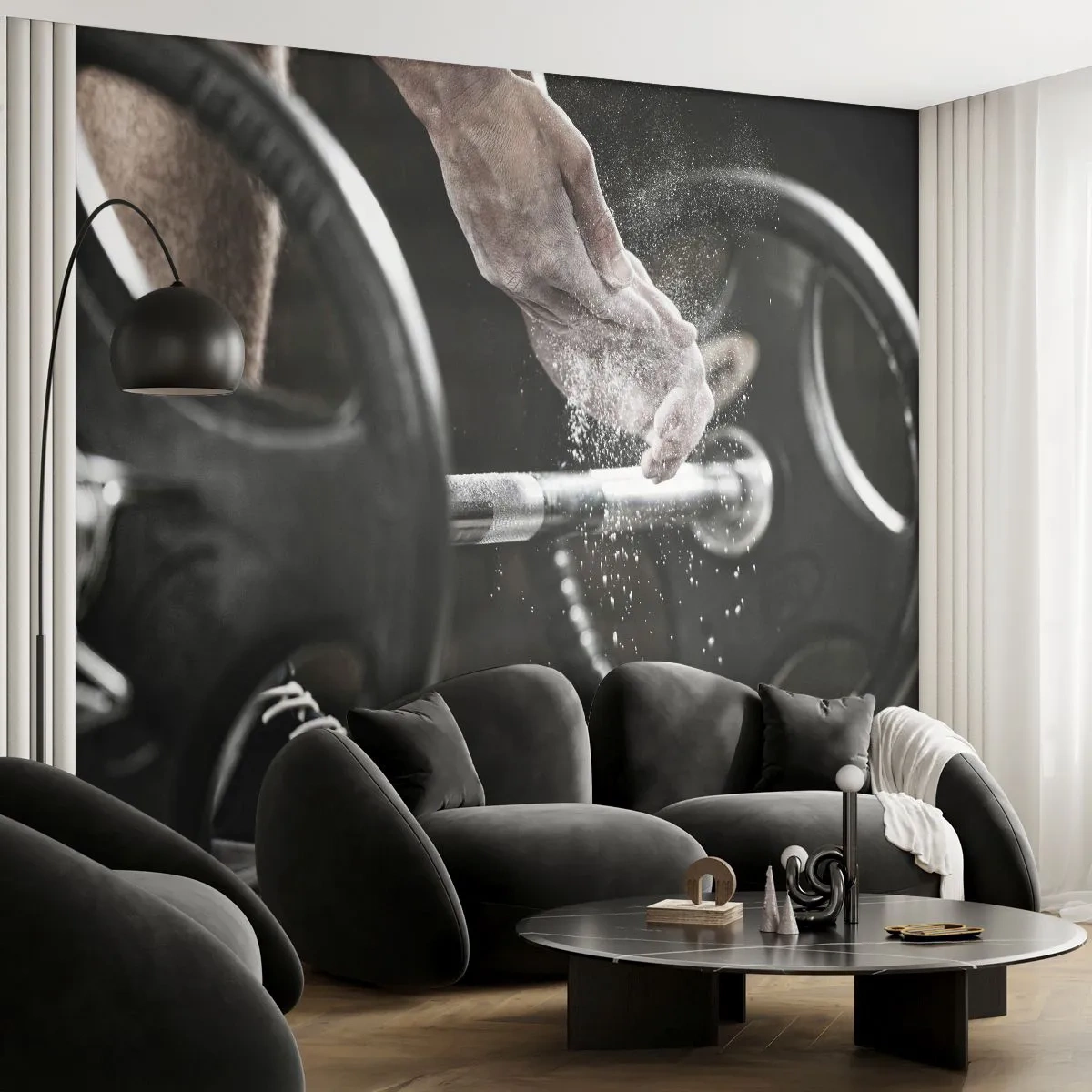 Papier Peint Photo Premium Sand - Salle de sport, poids et un athlète préparant ses mains - 100x70cm - Défi accepté! - Décoration murale moderne pour le salon et la chambre ARTTOR