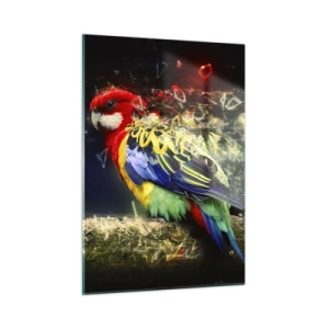 Impression sur verre - Image sur verre - Un perroquet coloré dans une composition artistique avec un effet éclatant - 50x70cm - Messager d'éclat - Décoration murale moderne pour le salon et la chambre ARTTOR
