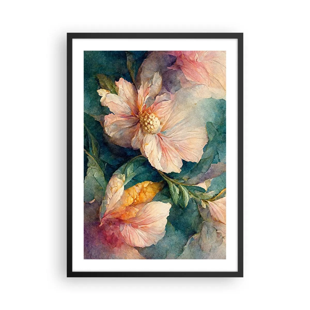 Affiche dans un cadre noir - Poster - Fleurs délicates dans un style aquarelle - 50x70cm - Uniquement de la subtilité - Décoration murale moderne pour le salon et la chambre ARTTOR