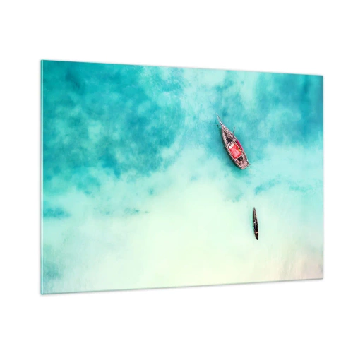 Impression sur verre - Image sur verre - Bateaux sur une eau azur dans un cadre paisible - 100x70cm - Car sur les plages de Zanzibar, quand il y a un débordement d'eau... - Décoration murale moderne pour le salon et la chambre ARTTOR