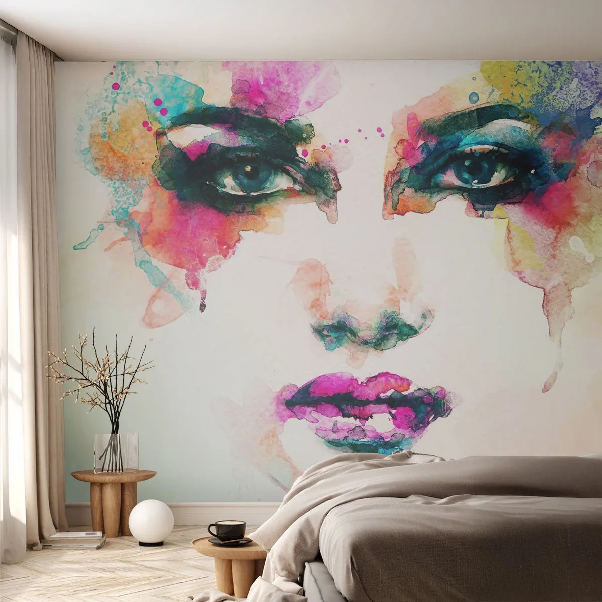 Papier Peint Photo Premium Sand - Un portrait peint avec un arc-en-ciel - Abstraction, Visage de femme, Morceau - 400x280 cm