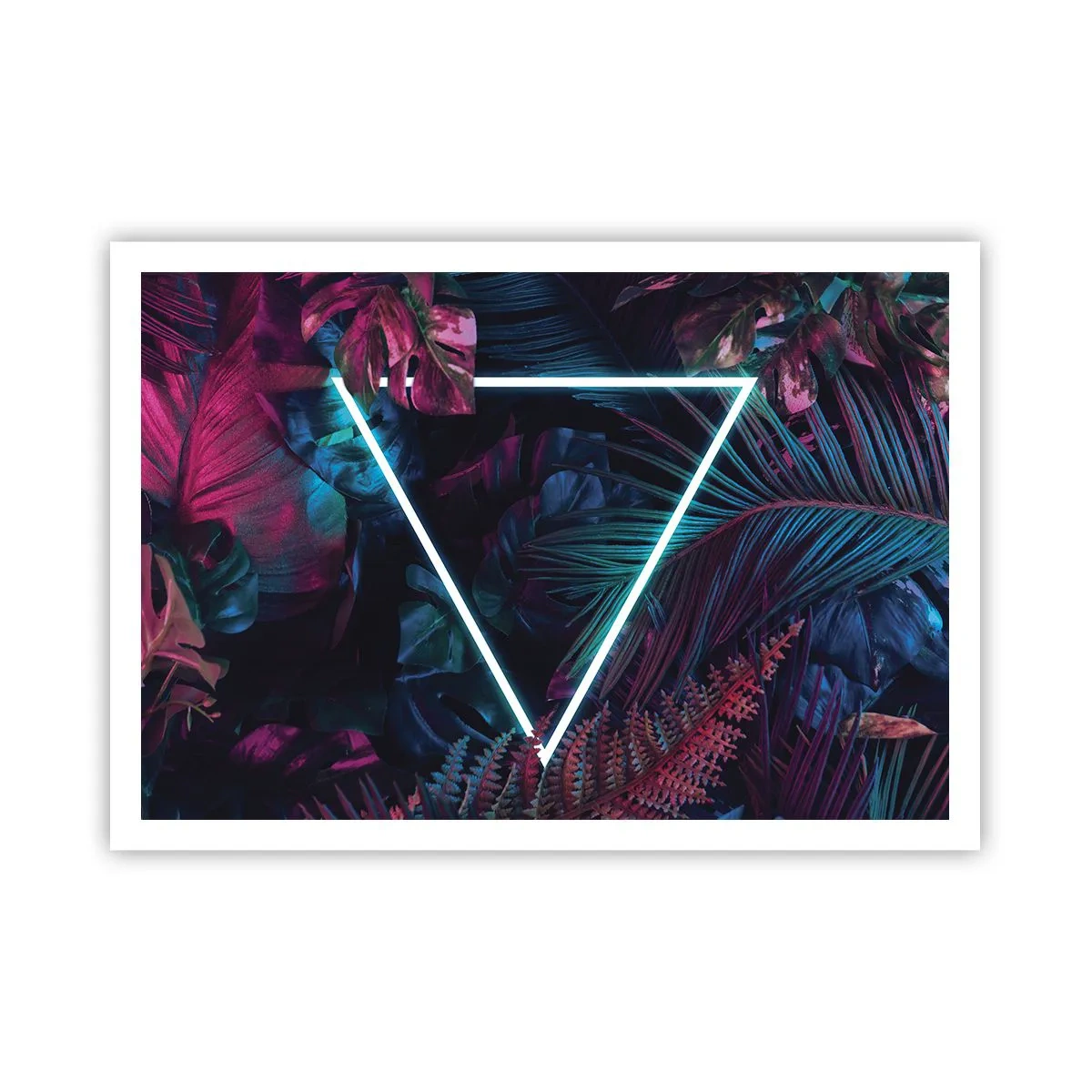 Affiche - Poster - Un triangle néon entouré de feuilles tropicales aux couleurs sombres. - 100x70cm - Jardin de style disco - Décoration murale moderne pour le salon et la chambre ARTTOR