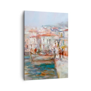 Impression sur toile - Image sur toile - Impression de port avec bateaux et bâtiments - 50x70cm - Vacances pastelles - Décoration murale moderne pour le salon et la chambre ARTTOR