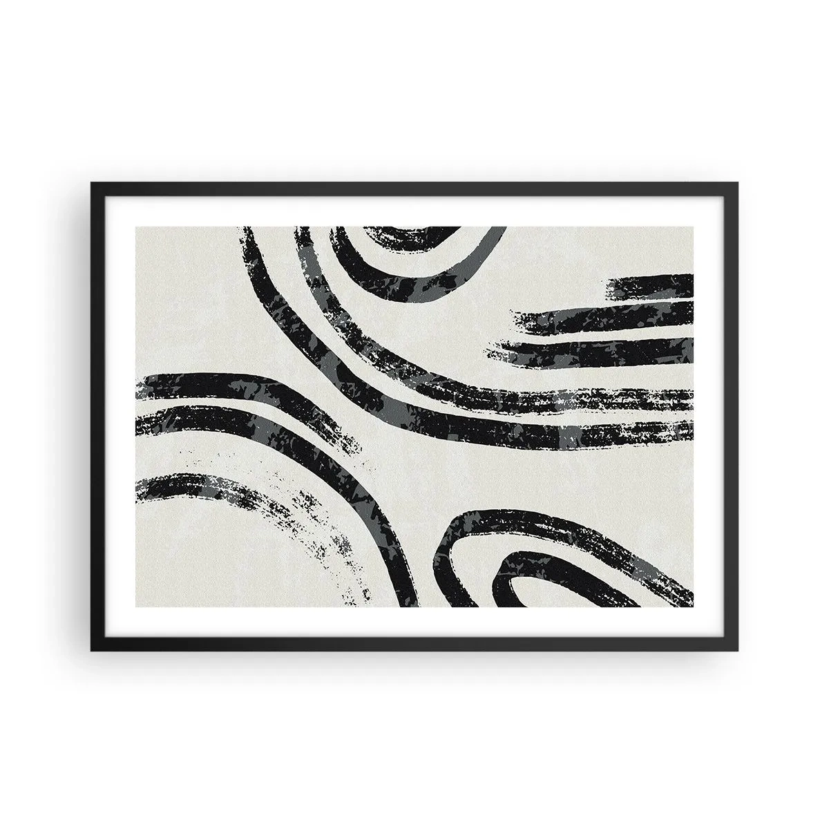 Affiche dans un cadre noir - Poster - Lignes abstraites noires et blanches sur fond clair - 70x50cm - À moitié arrêté - Décoration murale moderne pour le salon et la chambre ARTTOR