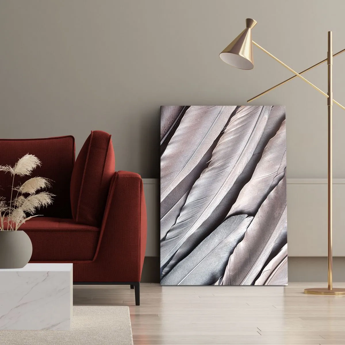Impression sur toile - Image sur toile - Plumes délicates dans des tons subtils de gris et de beige - 70x100cm - En argent rose - Décoration murale moderne pour le salon et la chambre ARTTOR