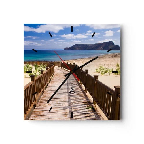 Horloge murale - Pendule murale - Chemin en bois menant à la plage avec vue sur l'océan - 30x30cm - Emmène-moi dans les îles du bonheur - Décoration murale moderne pour le salon et la chambre ARTTOR